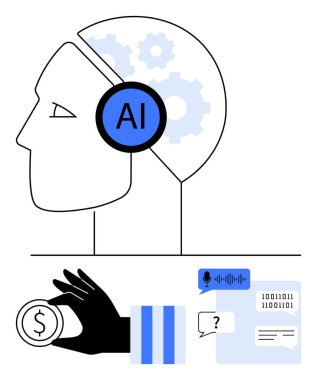 Yapay zeka dişli sembollü insan kafası, el ele tutuşan bozuk para, konuşma süreci, veri değiş tokuşu simgeleri. Teknoloji, yenilik, yapay zeka, finansman otomasyon iletişimi problem çözme için idealdir. Düz basit
