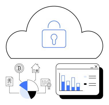 Kilit simgesini temsil eden bulut, engelleme zinciri simgeleri, pasta grafiği ve analitik gösterge paneli. Siber güvenlik, engelleme zinciri, fintech, veri analizi, gizlilik bulutu çözümleri için ideal