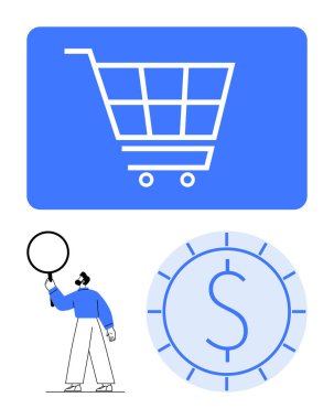 Mavi karede alışveriş arabası, büyüteç ve e-ticareti, fiyat analizini, maliyet verimliliğini ve dijital piyasaları sembolize eden madeni para. İnternet üzerinden perakende, pazarlama ve finans için ideal