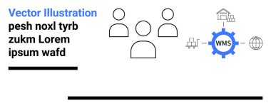 Takım simgeleriyle minimal tasarım, WMS etiketli dişliler, ve operasyonel semboller depo, tramvay, dünya. Takım çalışması, lojistik, tedarik zinciri, teknoloji iş akışı yönetimi için ideal