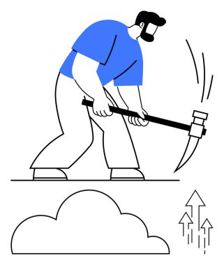 Mavi gömlekli adam kazma kullanıyor, zemin hazırlıyor. Yukarıdan yükselen oklar ilerlemeyi temsil ediyor. İş gücü, azim, büyüme, gelişme, çaba, inşaat ve başarı temaları için ideal. Düz basit