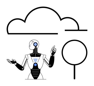 Bulut ve dairesel çizelge altında ilerici robot hareketi. Yapay zeka, bulut hesaplama, veri analizi, robot bilimi, teknoloji, yenilik, makine öğrenimi için idealdir. Düz basit