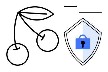 Minimalist çizgili sanat tarzında yaprakları olan iki kirazın yanında mavi kilidi olan bir kalkan. Siber güvenlik, koruma, sağlıklı tercihler, veri güvenliği, çevrimiçi mahremiyet, refah, soyut düz çizgi