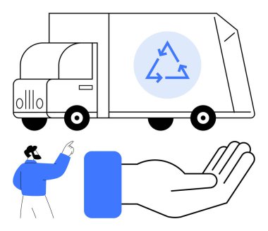 Yuvarlak sembollü geri dönüşüm kamyonu, yukarıya bakan adam ve uzatılmış bir el. Sürdürülebilirlik, eko-farkındalık, atık imhası, yeşil teknoloji, toplum desteği, çevre