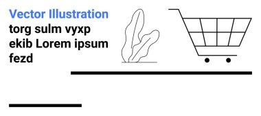 Minimum çizgileri olan alışveriş arabası, soyut fabrika, yer tutucu metni ve temiz bir düzen. Ekommerce, perakende, pazarlama, minimalizm için ideal, çevrimiçi alışveriş markalaşma basit iniş sayfası