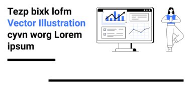 Bilgisayar ekranında yoga pozu veren bir kadınla grafikler ve analitikler gösteriliyor. Üretkenlik, sağlık dengesi, refah, veri analizi, takım çalışması, teknoloji zihniyeti, basit iniş sayfası için ideal