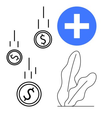 Düşen madeni paralar, sağlık veya sembol olarak mavi bir haçla eşleşen yatırım ya da kâr öneriyor. Finans, sağlık, sürdürülebilirlik, tasarruf ve büyüme için ideal