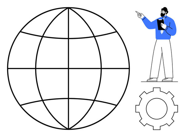 Professional points at abstract globe symbolizing global ideas. Nearby gear indicates processes. Clipboard represents organization. Ideal for technology, leadership, teamwork, strategy, innovation