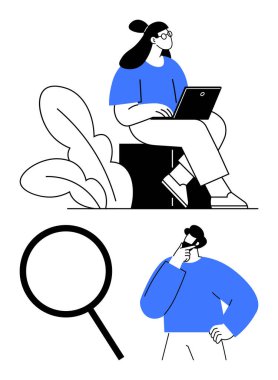 Yaprakların yanında dizüstü bilgisayarda yazan kadın, araştırmayı sembolize eden büyüteç, mavili düşünceli adam. Takım çalışması, araştırma, fikir üretimi, problem çözme, analiz, üretkenlik için ideal