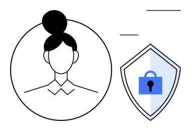 Profildeki kadın avatar, asma kilit ikonu olan kalkanla bitişik. Veri koruması, siber güvenlik, gizlilik, kimlik doğrulama, çevrimiçi güvenlik, güvenli erişim, dijital güvenlik için ideal