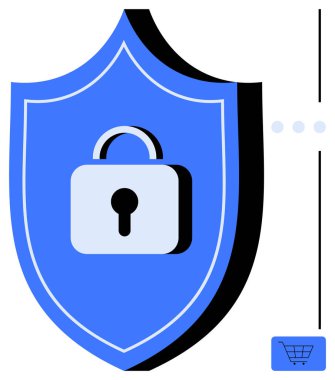 Siber güvenliği, veri korumasını ve güvenli alışverişi gösteren asma kilitli bir kalkan. Çevrimiçi güvenlik, gizlilik, e-ticaret, güven güvencesi, güvenlik, kimlik doğrulama ve şifreleme kavramları için ideal