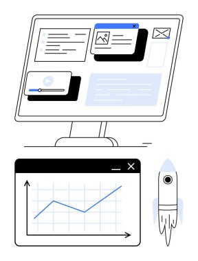 Bilgisayar ekranında dijital araçlar, arayüz elementleri ve analitik grafiği, büyüme ve yeniliği temsil eden bir roket simgesi ile gösteriliyor. Teknoloji, iş, girişimler, veriler, strateji için ideal