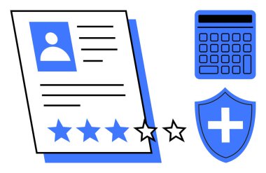 Yıldız reytingli, hesap makineli ve çapraz sembollü kalkan profilli başvuru belgesi. Değerlendirme, işe alma, değerlendirme, performans, sağlık hizmetleri güvenlik için idealdir. Düz basit