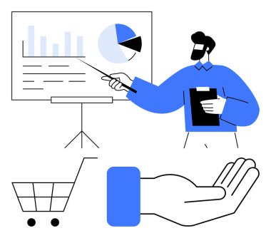 Sunucu elinde panoyla çizelgelere işaret ediyor. El ve alışveriş arabası elemanları ticaret ve pazarlama kavramlarını öneriyor. İş, pazarlama, analitik, ticaret ve strateji için ideal