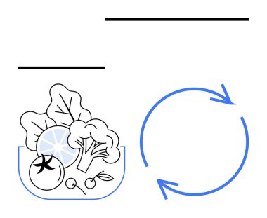 Mavi geri dönüşüm çemberinin yanında domates, brokoli ve yapraklı yeşillikler de dahil olmak üzere taze sebzelerle dolu bir kase. Sürdürülebilirlik, eko-farkındalık, geri dönüşüm, gıda sistemleri, sağlıklı yaşam ve çevre için ideal