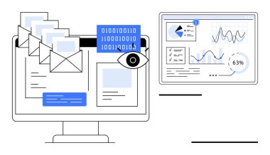 E- postaları, ikili kodları ve bir göz sembolü olan bilgisayar ekranı, ayrıca grafikleri ve analizleri gösteren ikinci bir ekran. Siber güvenlik, veri gizliliği, analitik, teknoloji, e-posta için ideal