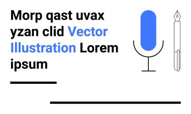 Mavi mikrofon, siyah dolmakalem ve yer tutucu metin elementleri. İletişim, yaratıcılık, podcast markalaşma, yazım atölyeleri, ses projeleri, basit iniş sayfaları tasarım kavramları için ideal