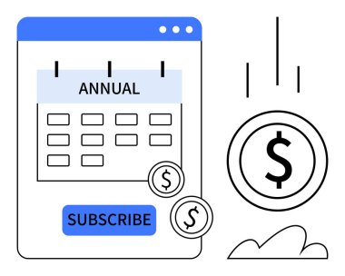 Yıllık etiketli takvim simgesi, abonelik düğmesi ve parasal işlemleri temsil eden düşen dolar paraları. Üyelikler, bütçe, planlama, ödeme sistemleri, tasarruflar, yinelenen faturalar için ideal
