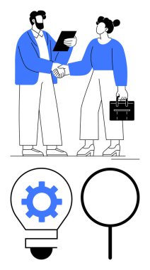 İki profesyonel el sıkışıyor, ortaklığı simgeliyor. Altlarında, ampul ve büyüteç içinde bir vites yenilik, takım çalışması ve stratejik çözümler olduğunu gösteriyor. İş için ideal