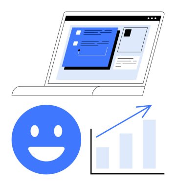 Bilgisayarda web sayfası düzeni, gülen yüz ve yukarı doğru büyüme grafiği gösteriliyor. Üretkenlik, başarı, teknoloji, ilerleme, iş olumlu sonuç kullanıcı deneyimi için idealdir. Düz basit metafor