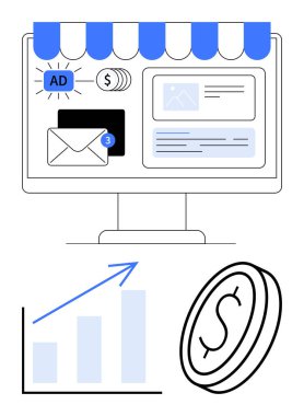 E-posta uyarısı, reklam, bozuk para ve yukarı doğru grafikli bilgisayar ekranı. Pazarlama, reklam, finans, ekommerce çevrimiçi iş analizleri ve ekonomik büyüme için ideal. Düz basit