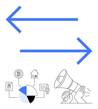 Mavi oklar, kripto para birimi, gayrimenkul, pasta grafiği, sertifika ve megafonla çevrili olan değişimi sembolize ediyor. İletişim, ticaret ve finans stratejisi için ideal