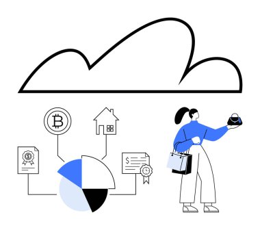 Şifreli para, belgeler, ev ve para da dahil olmak üzere dijital pasta grafiğiyle meşgul olan bir kadın. Finans, yatırım, bulut teknolojisi, dijital varlıklar, veri görselleştirme için ideal