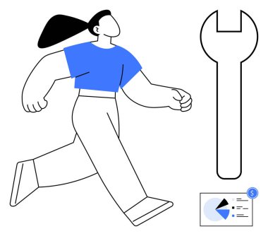 Büyük bir ingiliz anahtarı ve pasta grafiğiyle kasıtlı olarak yürüyen kadın figürü. Tamir, kendini geliştirme, analiz, finans, verimlilik, kariyer büyümesi, takım çalışması için ideal. Düz basit