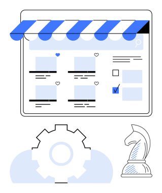 Çevrimiçi mağaza düzeni, mağaza afişi, ürün listeleri, vites ve satranç şövalyesi. E-ticaret, iş stratejisi, planlama, web sitesi tasarımı dijital pazarlama perakende yeniliği için idealdir. Düz