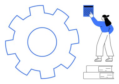 Kadın, büyük bir dişlinin yanında mavi bir hesap makinesi ve istiflenmiş kitaplar kullanarak hesaplıyor. Üretkenlik, analitik, teknoloji, öğrenme, problem çözme, karar verme, ilerleme için idealdir. Düz basit metafor