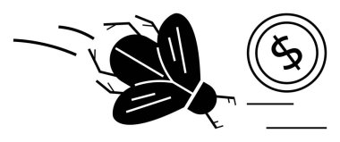 Uçan bir böceğin silüeti hızla bir dolar sikkeye yaklaşıyor, hızlı harcamayı, kısacık zenginliği veya kötü yönetimi sembolize ediyor. Finans, ekonomi, tüketici davranışı ve bütçe için ideal