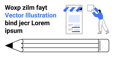 Mobil mağaza arayüzü, büyük kalem, yaratıcılığı, fikirleri ve tasarım elementlerini iletmek için bir kutu tutan kişi. Yaratıcılık, eğitim, ecommerce, pazarlama tasarım süreci içeriği için ideal