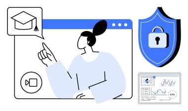 Mezuniyet şapkası, video ikonu, güvenlik kalkanı ve analitik gösterge paneli olan sanal bir öğrenme platformuna giren kişi. Eğitim, siber güvenlik, e-öğrenme, mahremiyet, analitik dijital için ideal