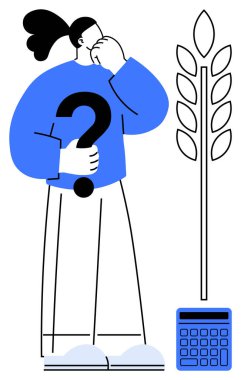 Büyük soru işareti tutan bir kadın, tahıl bitkisi ve hesap makinesinin yanında duruyor. Tarım, sürdürülebilirlik, tarım, ekonomi, karar verme, gıda güvenliği için ideal, düz basit metafor