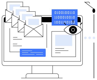 E- postalar ve ikili kodlar bir bilgisayar ekranında, gözetleme için bir göz sembolü ile birlikte. Teknoloji, gizlilik, siber güvenlik, bilgi alışverişi, iletişim, veri izleme, dijital