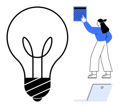 Kadın hesap makinesiyle etkileşimde. Fikirler için büyük ampul. Teknoloji için laptop. Yenilik, üretkenlik, yaratıcılık, girişimcilik, problem çözme, eğitim dijital çözümleri için ideal
