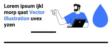İşaret ederken dizüstü bilgisayarda çalışan bir adam, mavi su damlası ikonu, minimum metin elementleri. Teknoloji, iletişim, eğitim, sunum, tasarım, iş ve düz iniş sayfası afişi için ideal