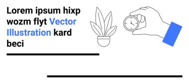 Elinizde pusula, saksı, kalın yazı ve yatay çizgiler var. Navigasyon, keşif, zaman yönetimi, minimalizm, üretkenlik yaratıcılığı düz iniş sayfası afişi için ideal