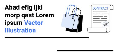 Alışveriş torbaları, satış, e-ticaret ve yasal anlaşmaları temsil eden imzalı bir kontratın yanında. İş için ideal, çevrimiçi alışveriş, sözleşmeler, belgeler, ortaklıklar, düz iniş sayfası pazarlama