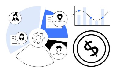 Ekip simgeleriyle iş akışını, finansal büyüme grafiğini, iş büyümesini gösteren dolar işaretini gösteren grafikler. Planlama, takım çalışması, finans, analitik, optimizasyon, sunum için ideal