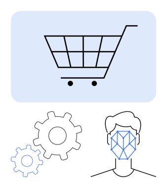 Alışveriş arabası, insan avatarında yüz tanıma ve yapay zeka ve otomasyonu temsil eden vites simgeleri. Perakende, teknoloji, yenilik, e-ticaret, yüz tanıma, yazılım ve kullanıcı arayüzü için ideal