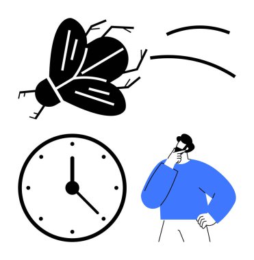 Çene üzerinde el üstünde kafa yoran bir adam, üzerinde uçan bir adam, saat kısacık zamanı vurgular. Zaman yönetimi, farkındalık, içgözlem, yaşam dengesi, üretkenlik felsefesi değişikliği için idealdir. Düz basit