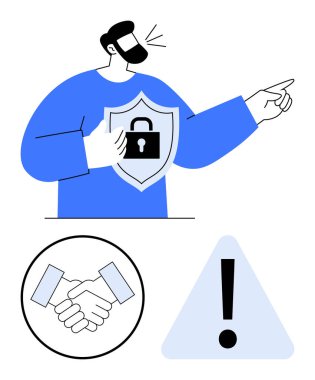 Güvenlik kilidi olan bir kişi kalkanı tutar. Alarmı gösterir. El sıkışma, güven ve işbirliğini gösterir. Siber güvenlik, takım çalışması, risk yönetimi, veri koruması, bütünlük için ideal