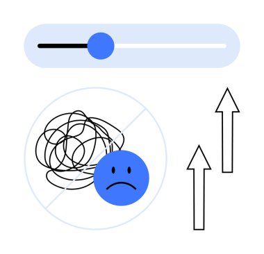 Kaydırıcı ilerlemeyi gösteriyor. Hüzünlü yüzle çizilmiş çizgiler ve gelişmeyi simgeleyen yukarı doğru oklar. Ruh sağlığı, kişisel büyüme, pozitiflik, stres atma, motivasyon için ideal