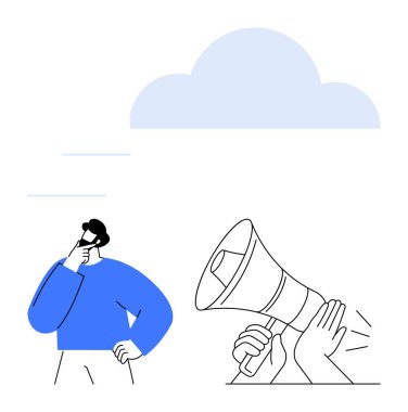 Megafonun yanında duran düşünceli insan iletişimi, karar verme mekanizmasını ve duyuruları resmediyor. Pazarlama, sosyal yardım, farkındalık, terfi, strateji, liderlik için idealdir.