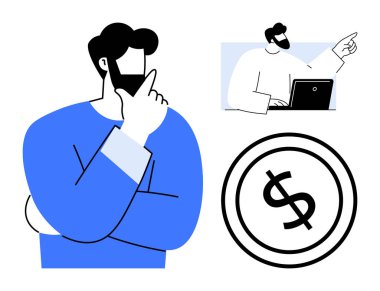 Derin düşüncelere sahip bir adam, iş arkadaşı dizüstü bilgisayarda fikir sunuyor, büyük para sembolü. Beyin fırtınası, karar verme, finans, yatırım, takım çalışması profesyonel strateji danışmanlığı için idealdir. Düz