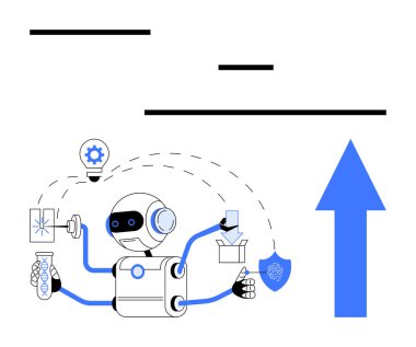 Robot yukarı bakan bir okun yanında deneyler, programlama ve dosya yönetimi yapıyor. Yapay zeka geliştirme, yenilik, robot bilimi, büyüme, gelecekçi kavramlar için ideal problem çözme teknolojisi. Düz