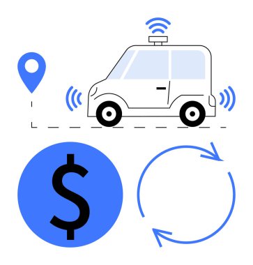 GPS işaretli elektrikli otonom araç, ödeme madeni para ikonu ve bisiklet tasvir eden oklar. Ulaşım, teknoloji, navigasyon, ekonomi, otomasyon bağlantısı sürdürülebilirliği için ideal. Düz
