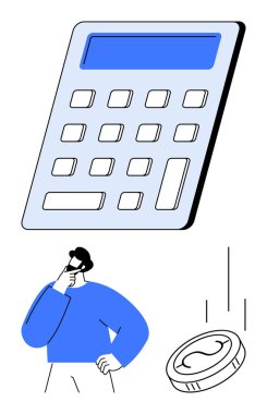 Büyük bir hesap makinesi ve adam bozuk paranın yanında düşünür. Finans, bütçe, karar verme, planlama, analiz, iş stratejisi ve yatırım için ideal. Minimalist düz basit metafor