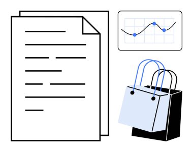 İki kağıt alışveriş torbası ve veri noktalarını gösteren bir çizelge dışında belgeler. Mali analiz, piyasa eğilimleri, iş planlaması, satış stratejisi, perakende analizi, ekonomik raporlar için ideal